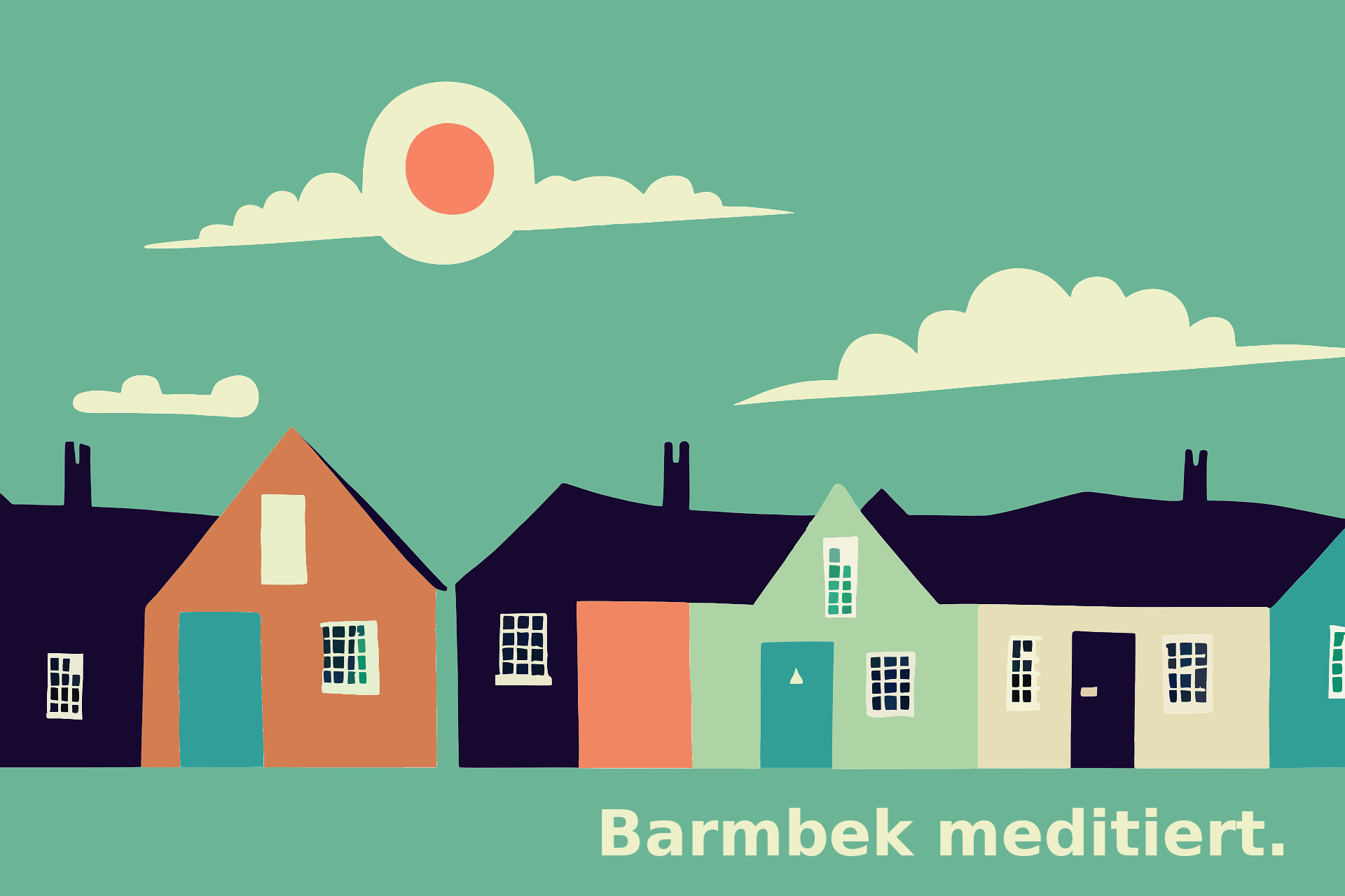 Eine Grafik mit Häusern und dem Schriftzug "Barmbek meditiert"