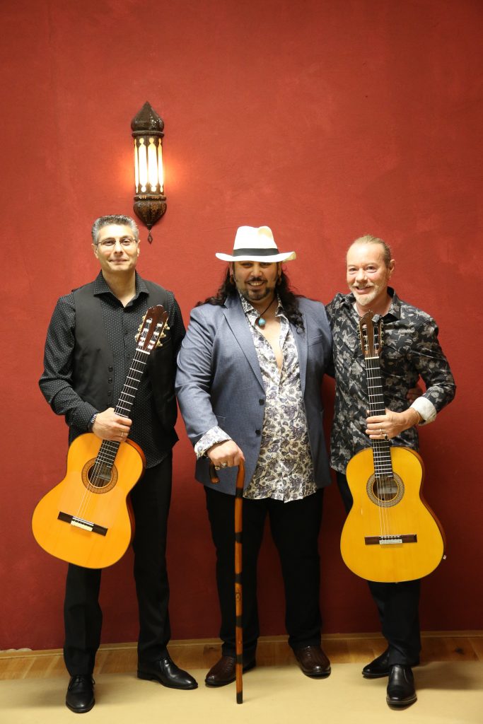 Die drei Bandmitglieder mit zwei Gitarren vor einer roten Wand.